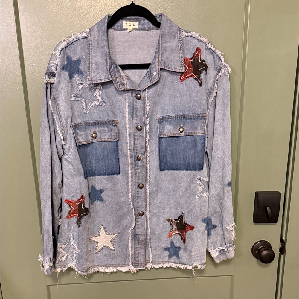 POL Light Denim Shirt Jacket with Multicolor Star Patches